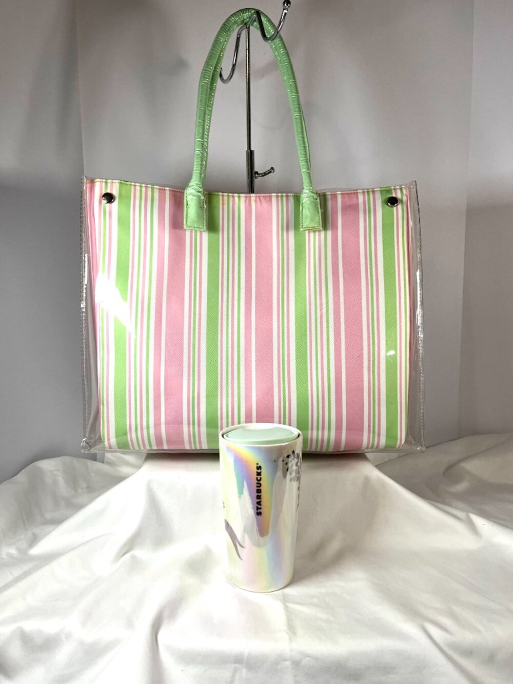 Pastel Vinyl Reversible Tote/Clear Outer Shell/Striped Insert/Bonus Starbucks